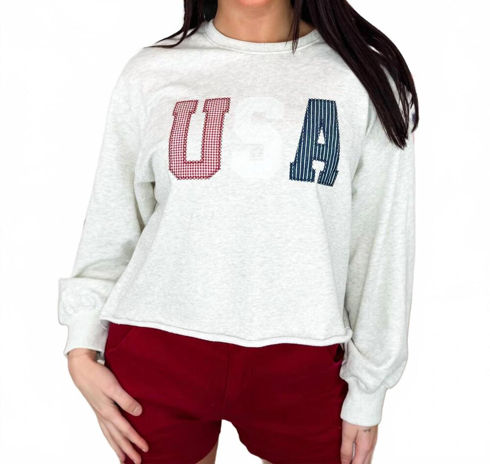 NEW GILLI uniquely usa long sleeve cropped sweatshirt in grey